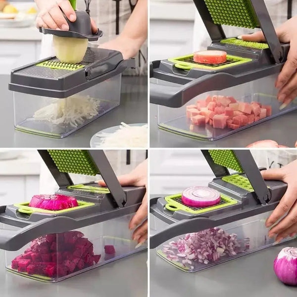 Clarify pk 12 in 1 vegetable cutter with clear container showing slicing dicing and grating of onions and beets