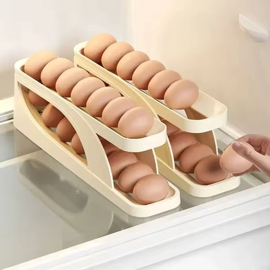Clarify pk beige scrolling egg holder storage box two tier fridge egg organizer with rolling racks