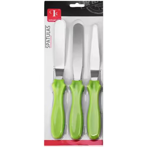 Clarify.pk cake spatula 3 piece set with green handles and stainless steel blades for cake decorating