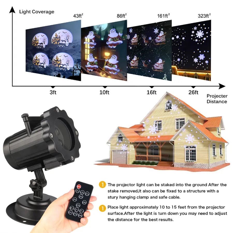 16 pattern stage and lawn lamp black projector with remote showing Christmas light coverage on house exterior