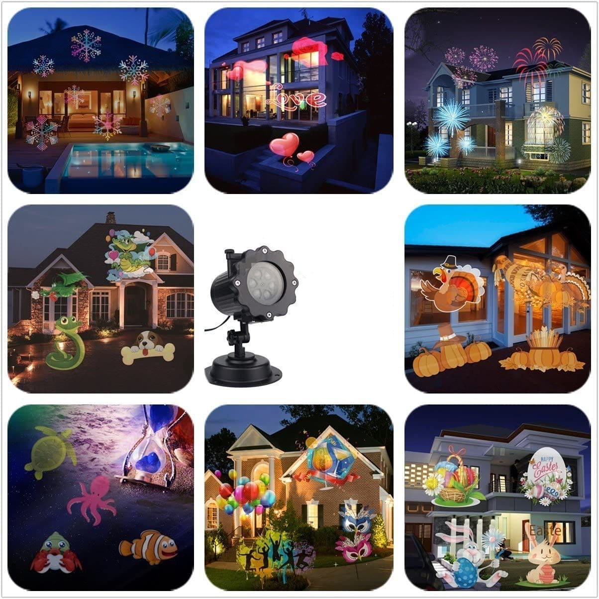 Clarify.pk 16 pattern stage and lawn lamp projecting colorful decorative designs on house walls and outdoor spaces