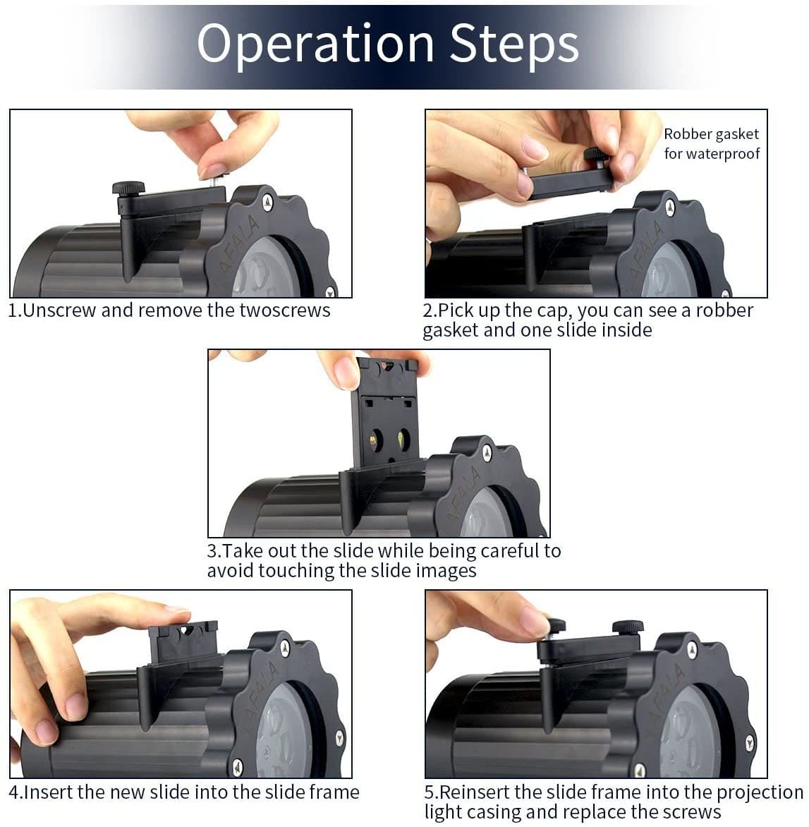 Step-by-step operation guide for 16 pattern stage and lawn lamp with hands demonstrating slide removal and insertion