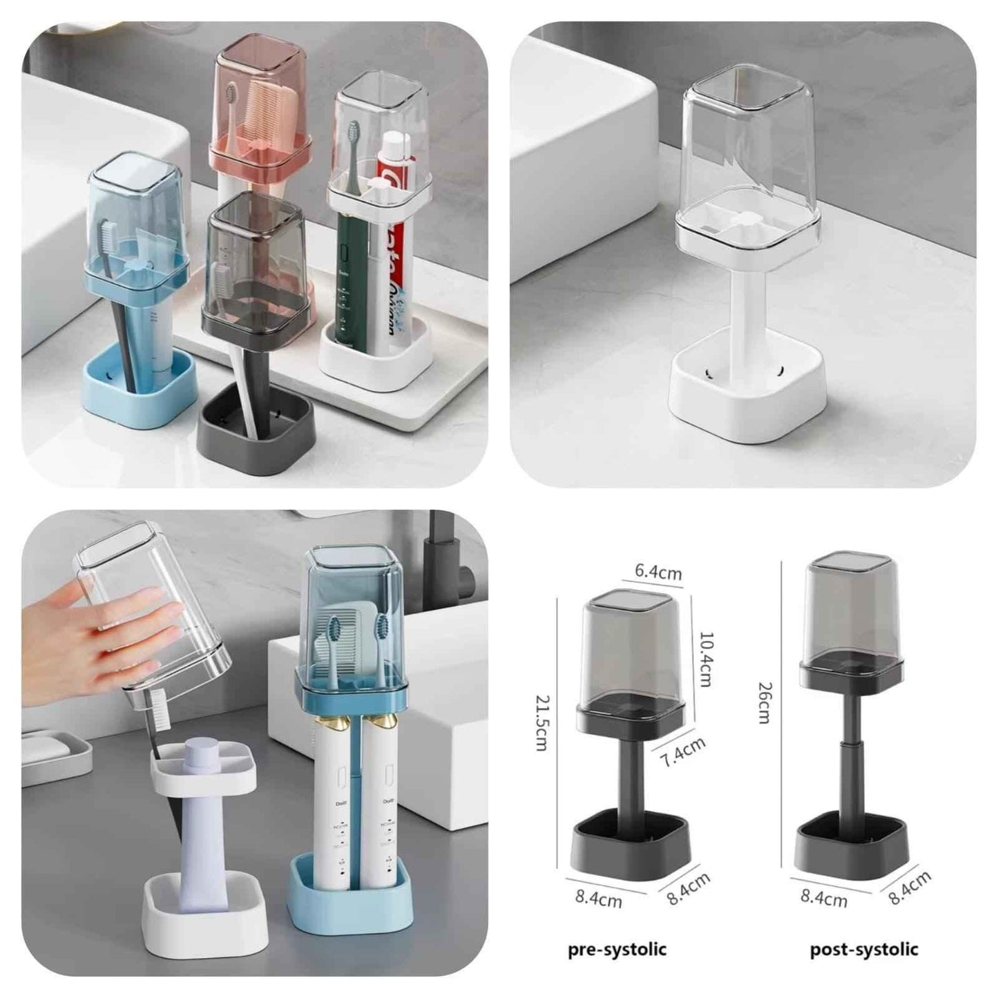 Clarify.pk lamp shaped toothbrush holder in multiple colors shown with toothbrushes and dimensions