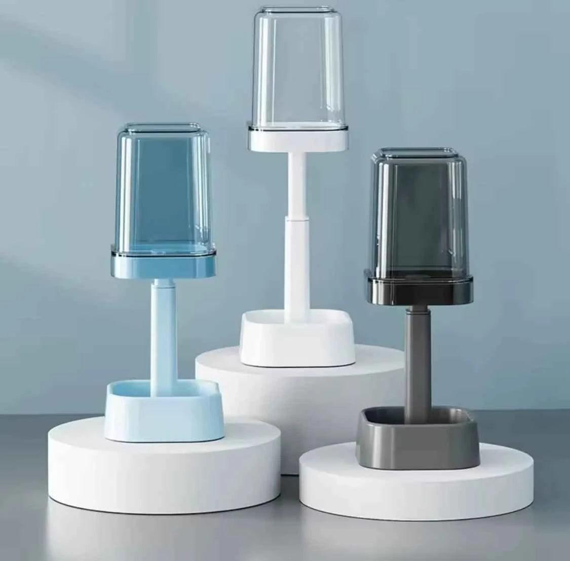 Modern lamp shaped toothbrush holder in blue white and black with transparent top covers