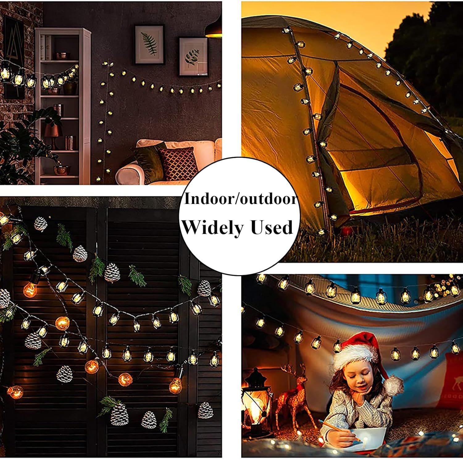 Lantern string lights set decorating indoor living room, outdoor tent, fence, and cozy kids room
