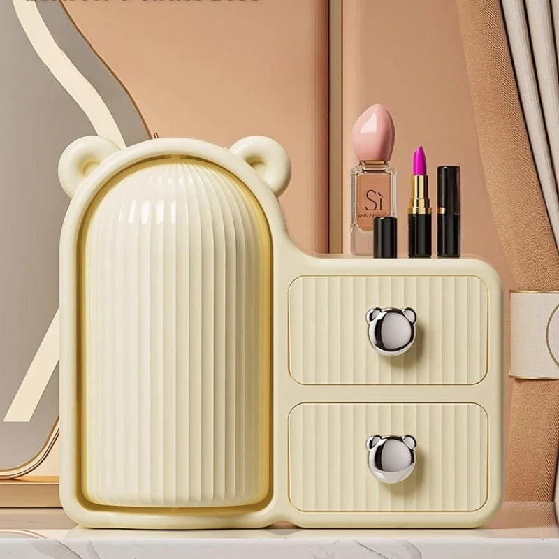 Clarify.pk large capacity cosmetic storage drawer with bear ear design and two drawers in cream color