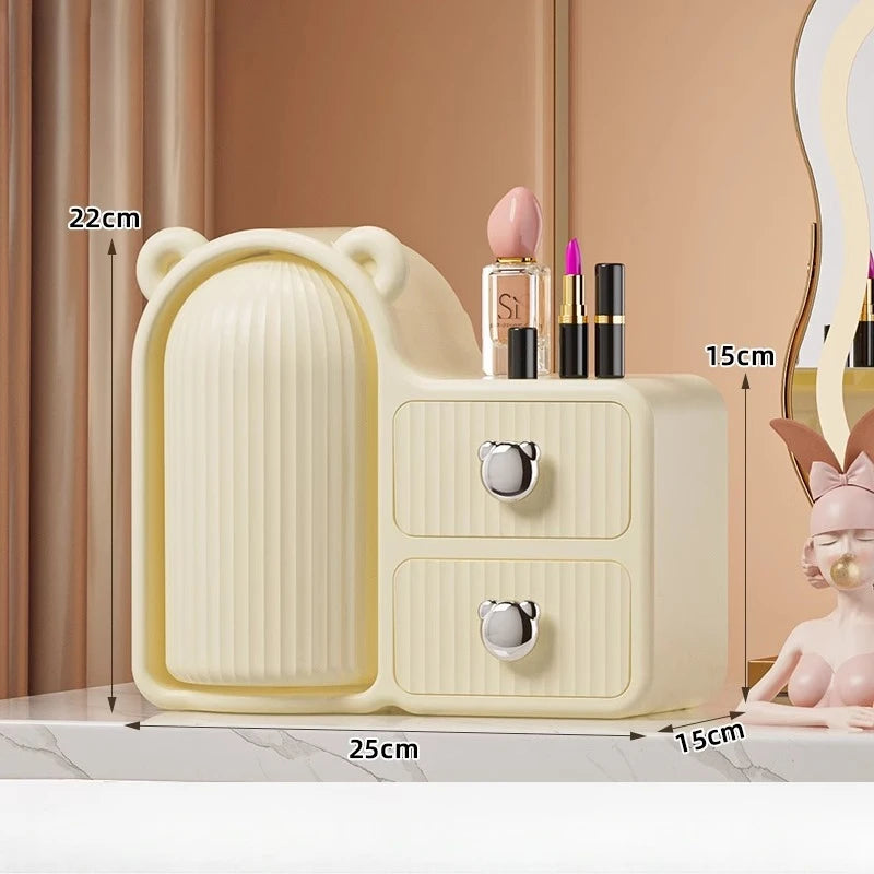Large capacity cosmetic storage drawer in cream color with two drawers and bear ear design