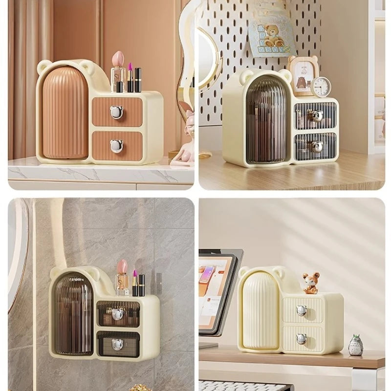 Clarify.pk large capacity cosmetic storage drawer in cream with bear ears and two drawers for organizing makeup