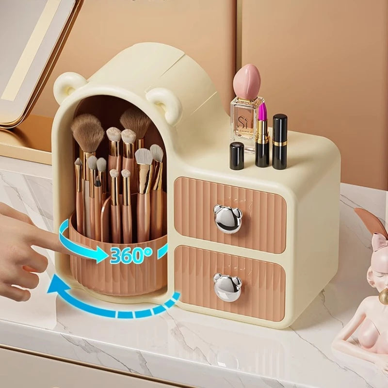 Clarify.pk large capacity cosmetic storage drawer with 360 degree rotating brush holder and two drawers