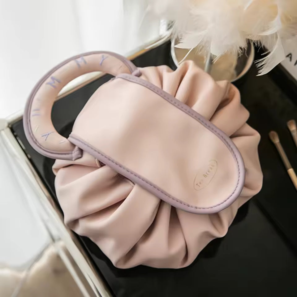 Clarify.pk large capacity makeup bag for women in soft pink with ruched design and handle