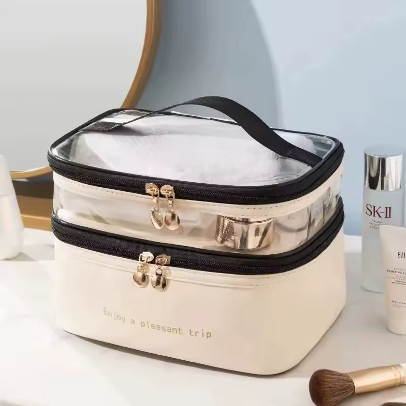 Large capacity makeup organizer with dual compartments and clear top cover for easy storage and visibility