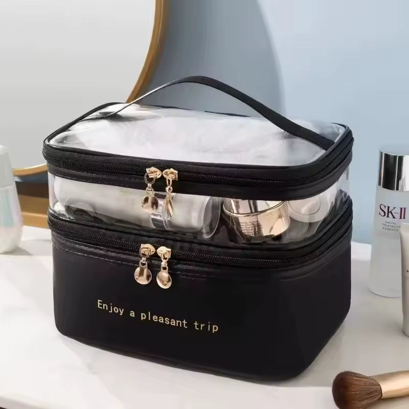 Black large capacity makeup organizer with transparent top compartment and double zipper by Clarify.pk