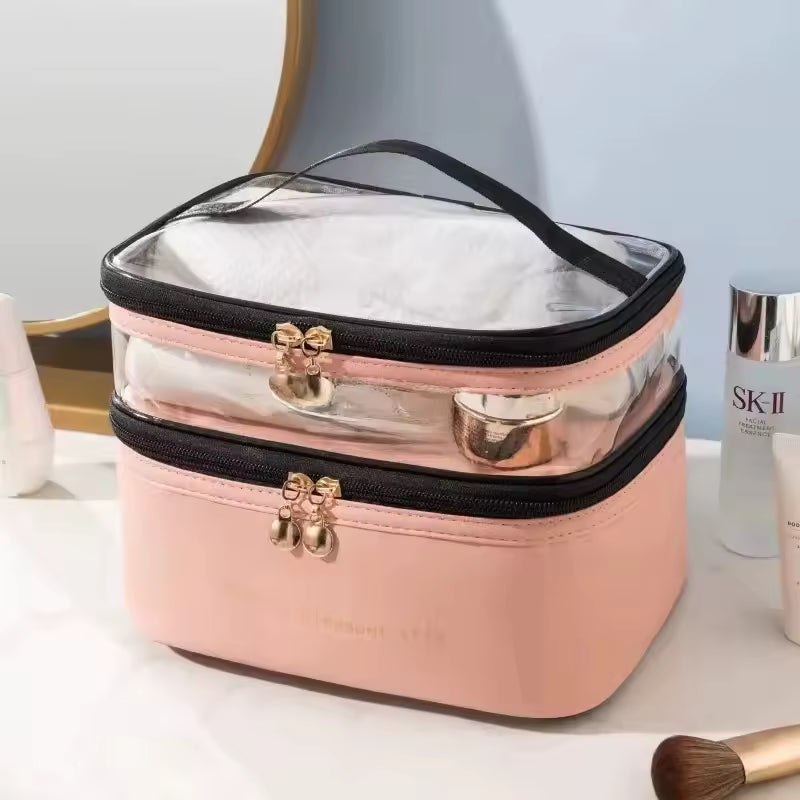 Clarify.pk large capacity makeup organizer in pink with clear top compartment and double zipper closure
