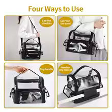 Large capacity makeup travel case by Clarify.pk shown with four carrying options including shoulder, hand, and fixed backpack strap