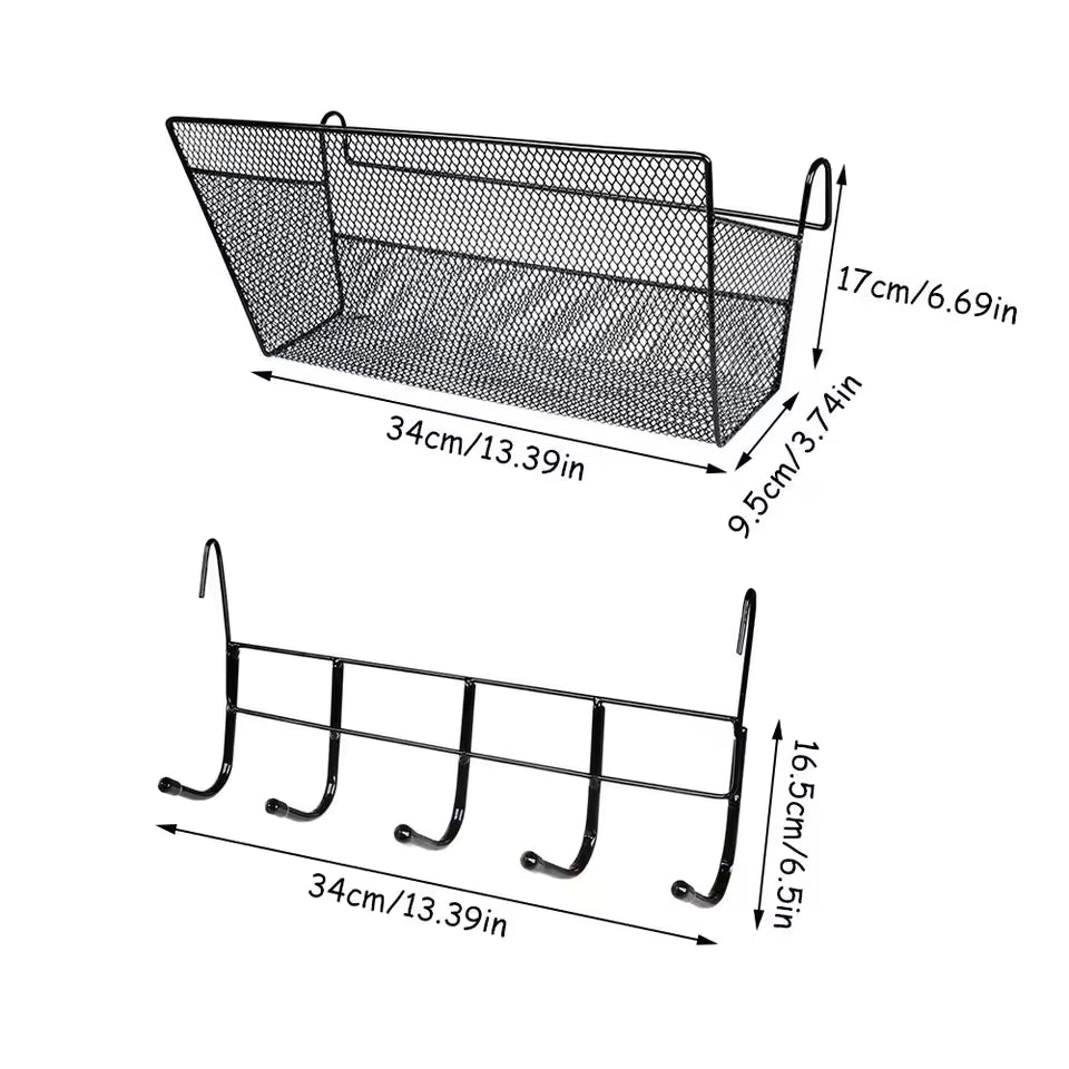 Large capacity metal basket for bed with black mesh design and five hooks for hanging accessories