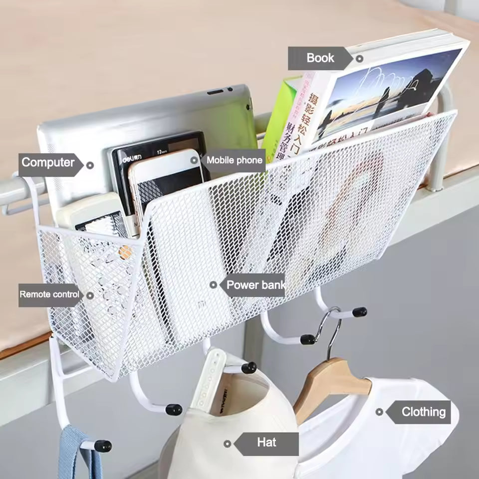 Clarify.pk large capacity metal basket for bed with storage for books, devices, and accessories