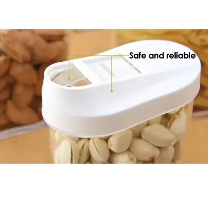 Clear large capacity storage jars for pantry with white airtight lids holding pistachio nuts
