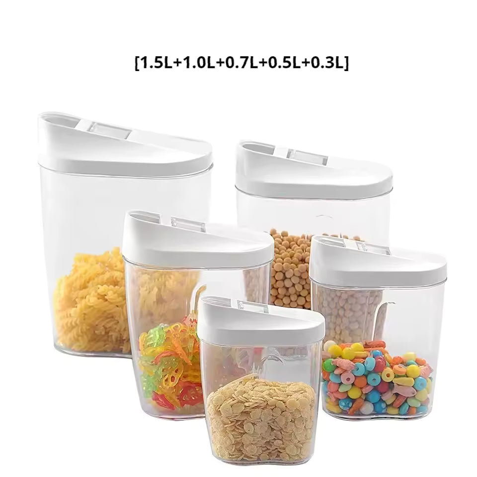Set of large capacity storage jars for pantry with white lids holding pasta, cereal, and snacks
