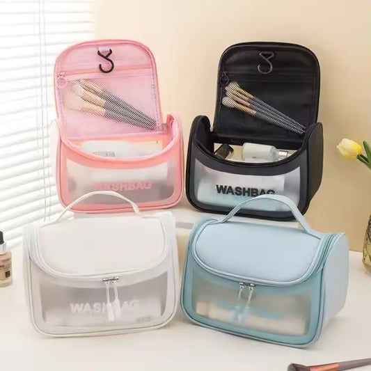 Clarify.pk large capacity travel toiletry bag in pink black white and blue with multiple compartments