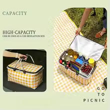 Large foldable picnic basket with high capacity carrying assorted food and drinks for outdoor use