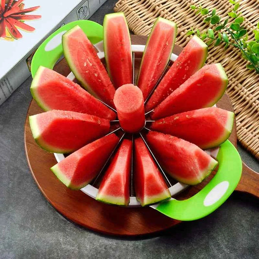 Large watermelon knife with green handles for easy slicing of watermelon into 12 perfect wedges