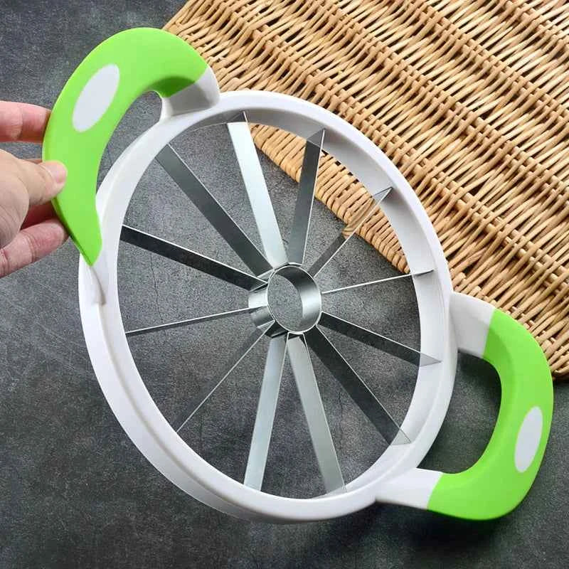 Large watermelon knife with green handles for easy slicing and serving of watermelon
