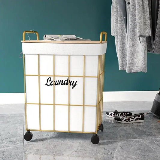 Clarify.pk laundry basket with wheels gold frame and white fabric liner for easy laundry transport
