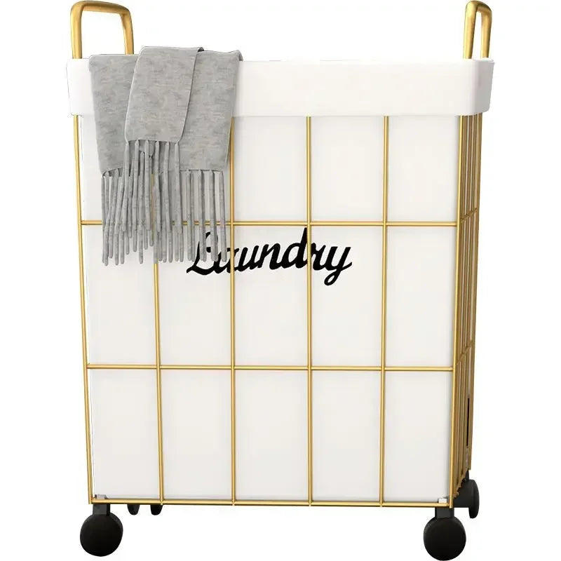 Clarify.pk laundry basket with wheels in gold frame and white fabric liner holding a gray scarf