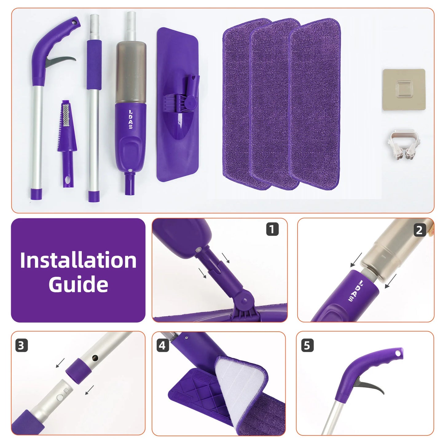 Clarify.pk spray mop for tiles and wood floors with purple microfiber pads and easy assembly parts