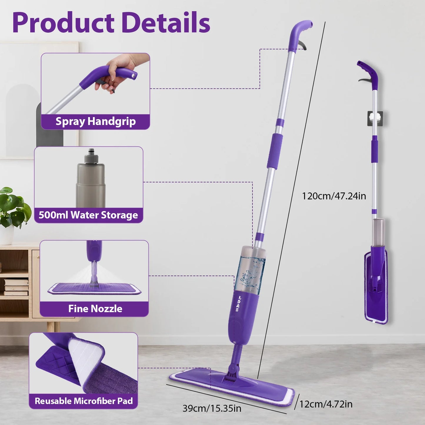 Clarify.pk spray mop for tiles and wood floors with spray handgrip 500ml water storage and reusable microfiber pad