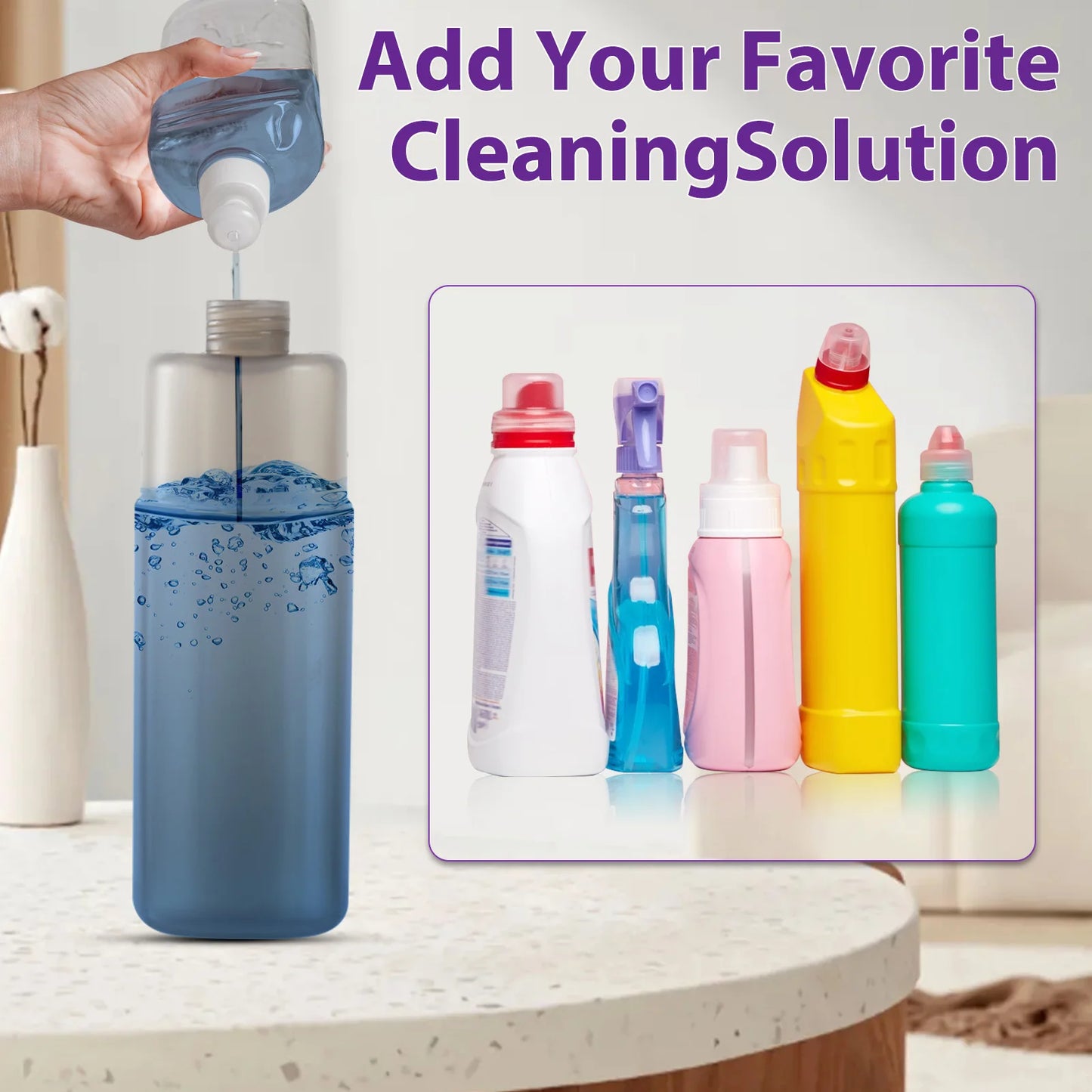 Refillable bottle for spray mop for tiles and wood floors showing cleaning solution being poured in