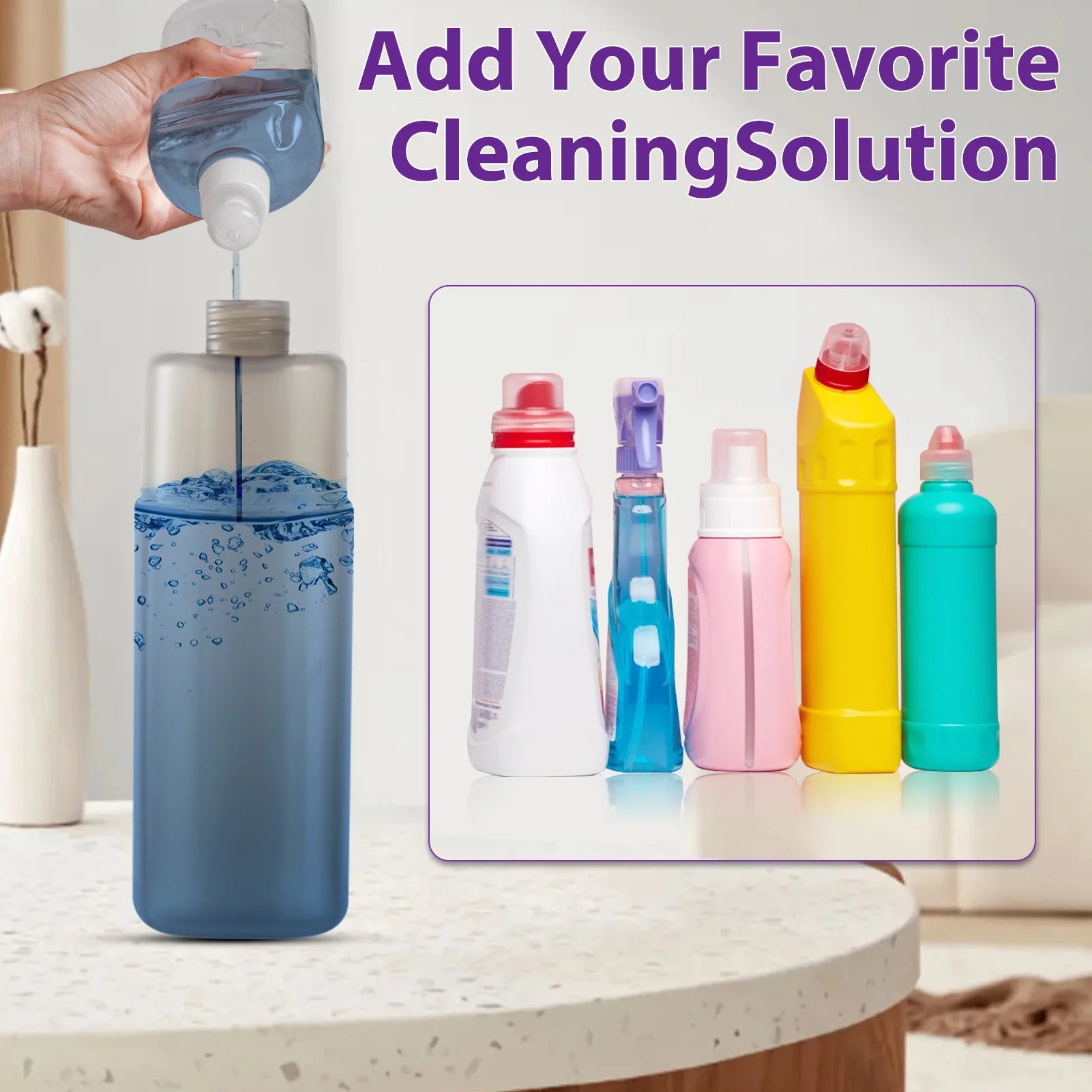 Refillable bottle for spray mop for tiles and wood floors showing cleaning solution being poured in