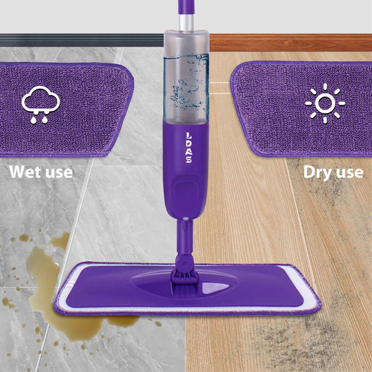 Purple spray mop for tiles and wood floors showing wet use on tile and dry use on wood floor