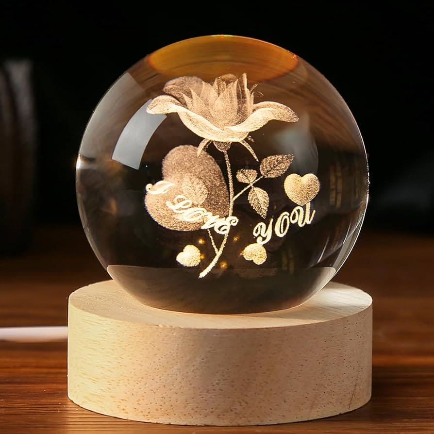 LED astronomy night light with 3D engraved rose and I love you text on wooden base