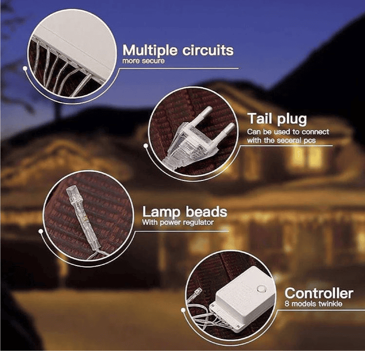 LED curtain lights for home decor showing multiple circuits tail plug lamp beads and controller features