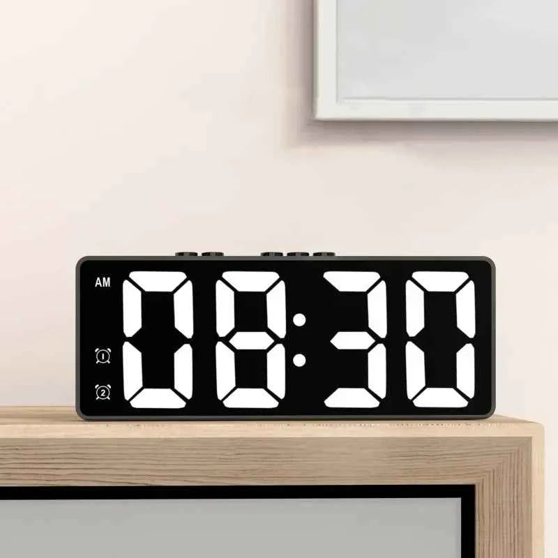 LED digital alarm clock displaying 08:30 on a wooden nightstand for easy time reading