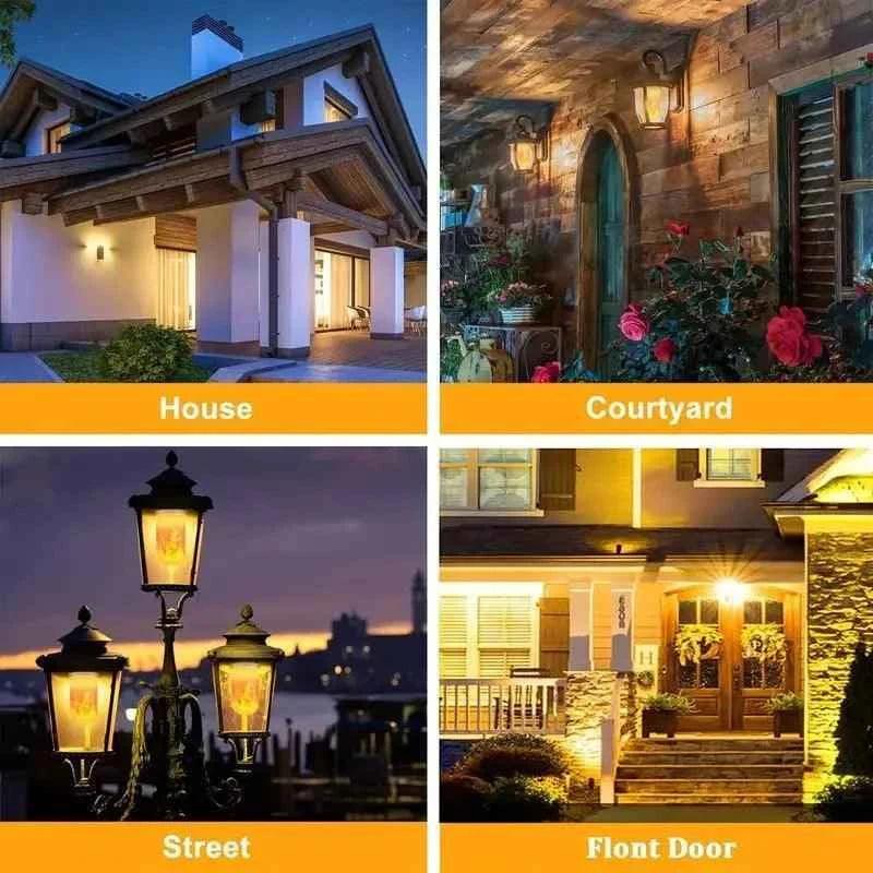 LED flame effect bulb creating warm lighting for house, courtyard, street lamps, and front door exterior settings