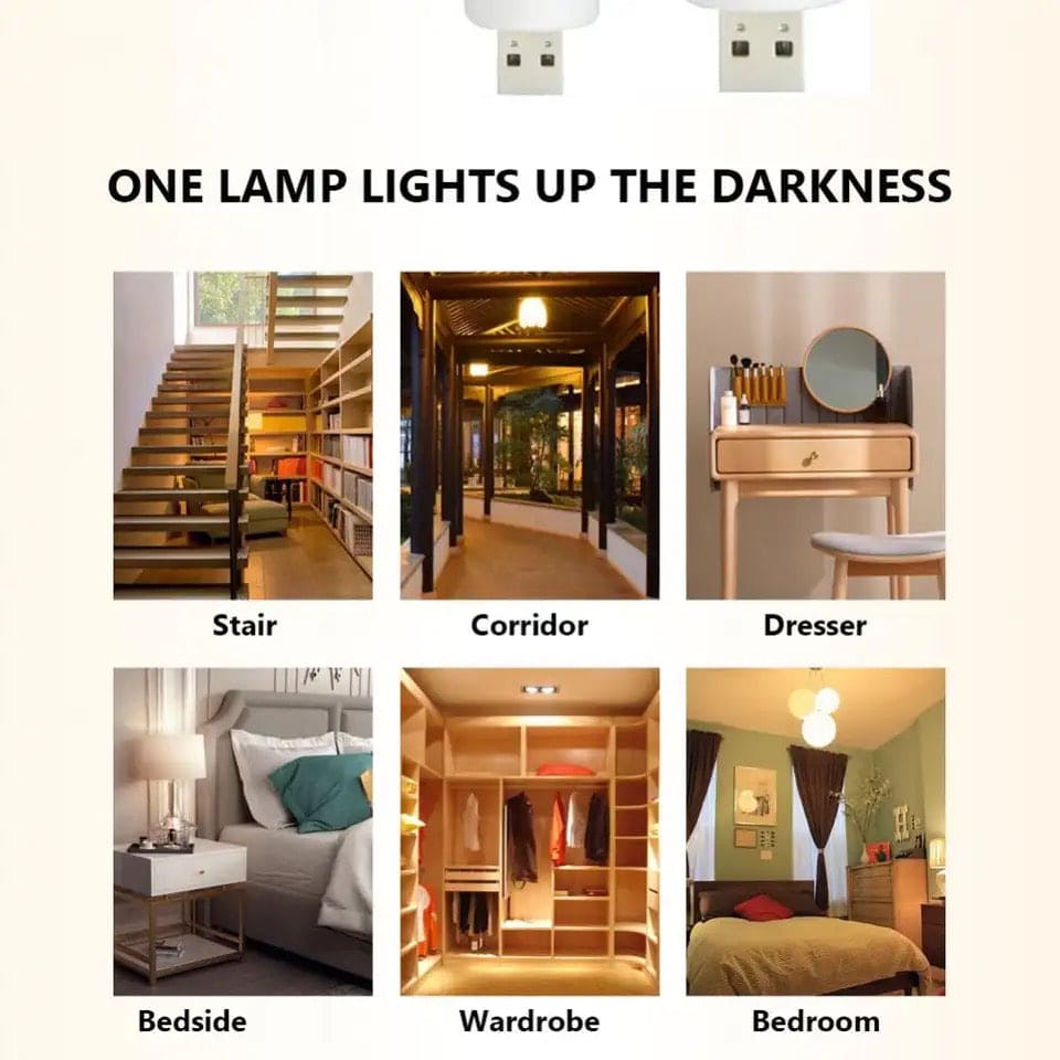 LED flame effect night light illuminating various spaces including stair, corridor, dresser, bedside, wardrobe, and bedroom