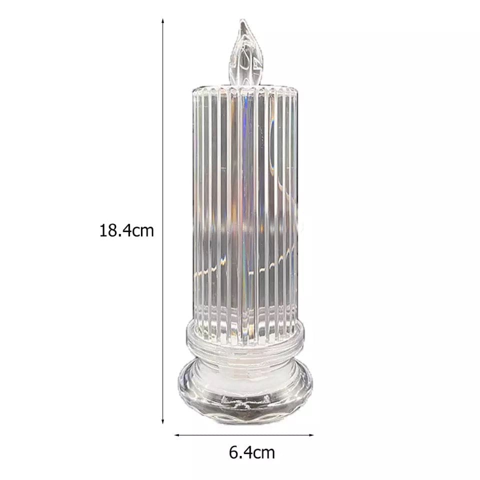 Clear decorative LED flameless candle lamp with vertical ridges measuring 18.4 cm tall and 6.4 cm wide