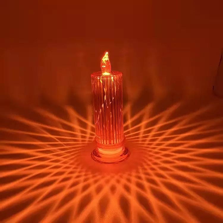 Clarify.pk LED flameless candle lamp with orange light casting intricate patterns on surface