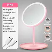 Clarify.pk pink LED makeup mirror with light rechargeable tricolor adjustable brightness