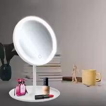 Clarify.pk LED makeup mirror with light on white stand with makeup items on table