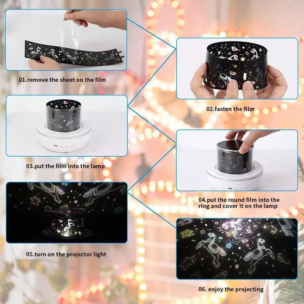 Step-by-step instructions showing how to set up and use the LED night light projector with decorative film