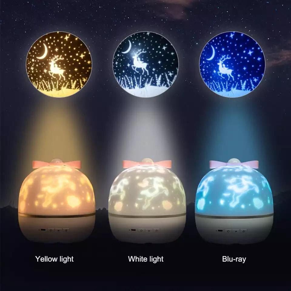 Clarify.pk LED night light projector with reindeer and star patterns in yellow white and blue light modes