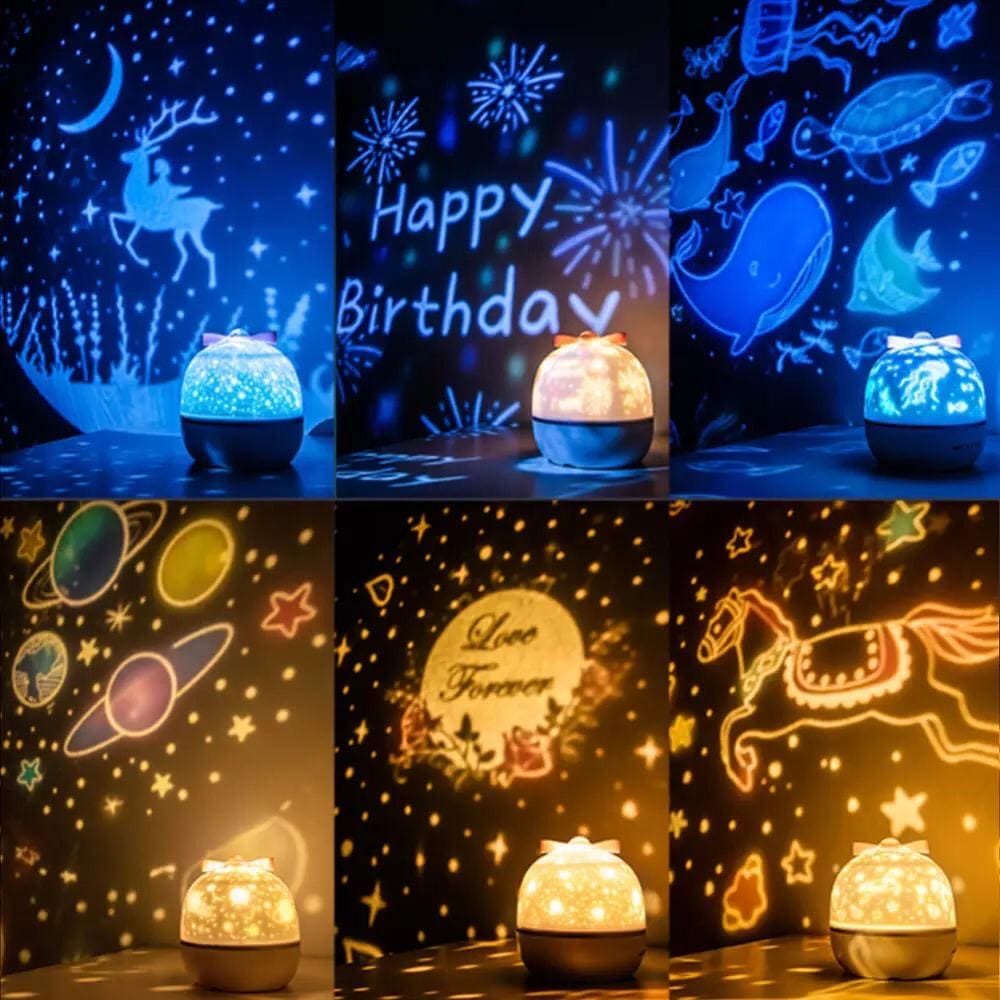 Clarify.pk LED night light projector showing various colorful and themed light patterns on walls