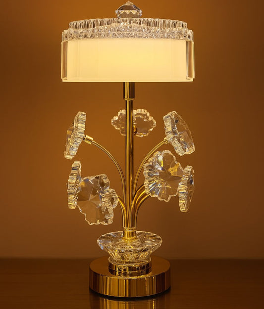 Elegant LED rechargeable lamp with gold base and decorative crystal floral design