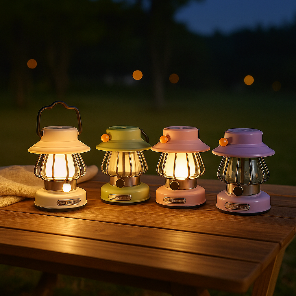 Clarify.pk LED rechargeable lanterns in cream, green, pink, and purple colors glowing on a wooden table at night
