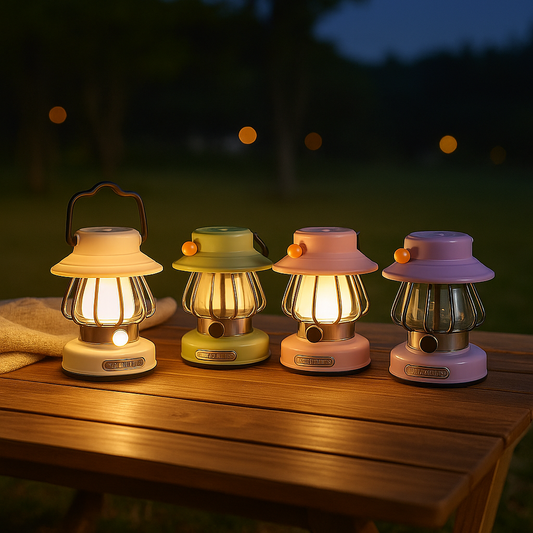 Clarify.pk LED rechargeable lanterns in cream, green, pink, and purple colors glowing on a wooden table at night
