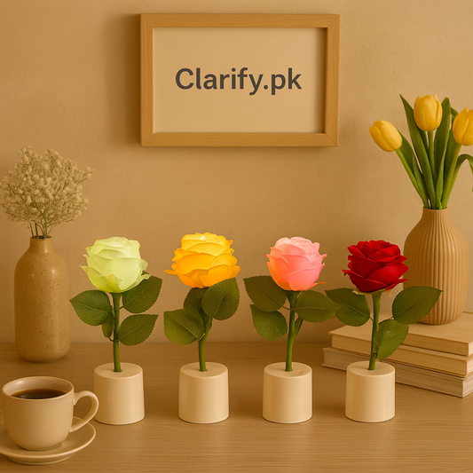 Clarify.pk LED rose lamp set in white beige bases with multicolor glowing roses on wooden table