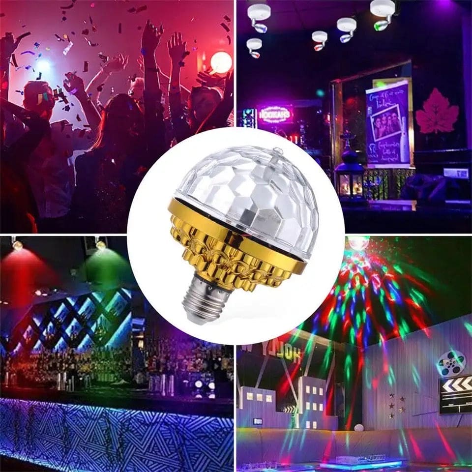 LED rotating disco ball light with gold base illuminating colorful party scenes and nightclub settings
